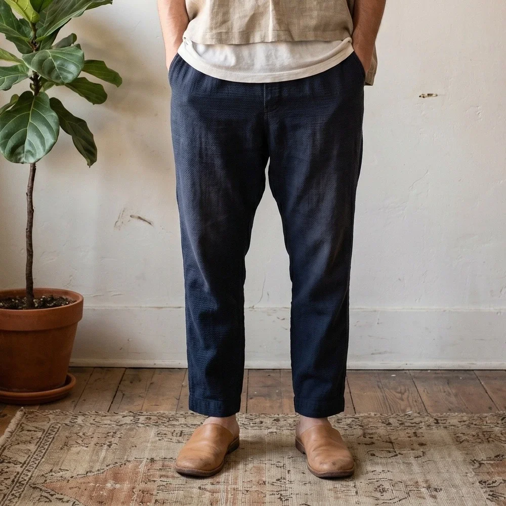 Smock Mens Pants Large Navy Blue Seersucker Elastic Waist Taper Japanese Cotton